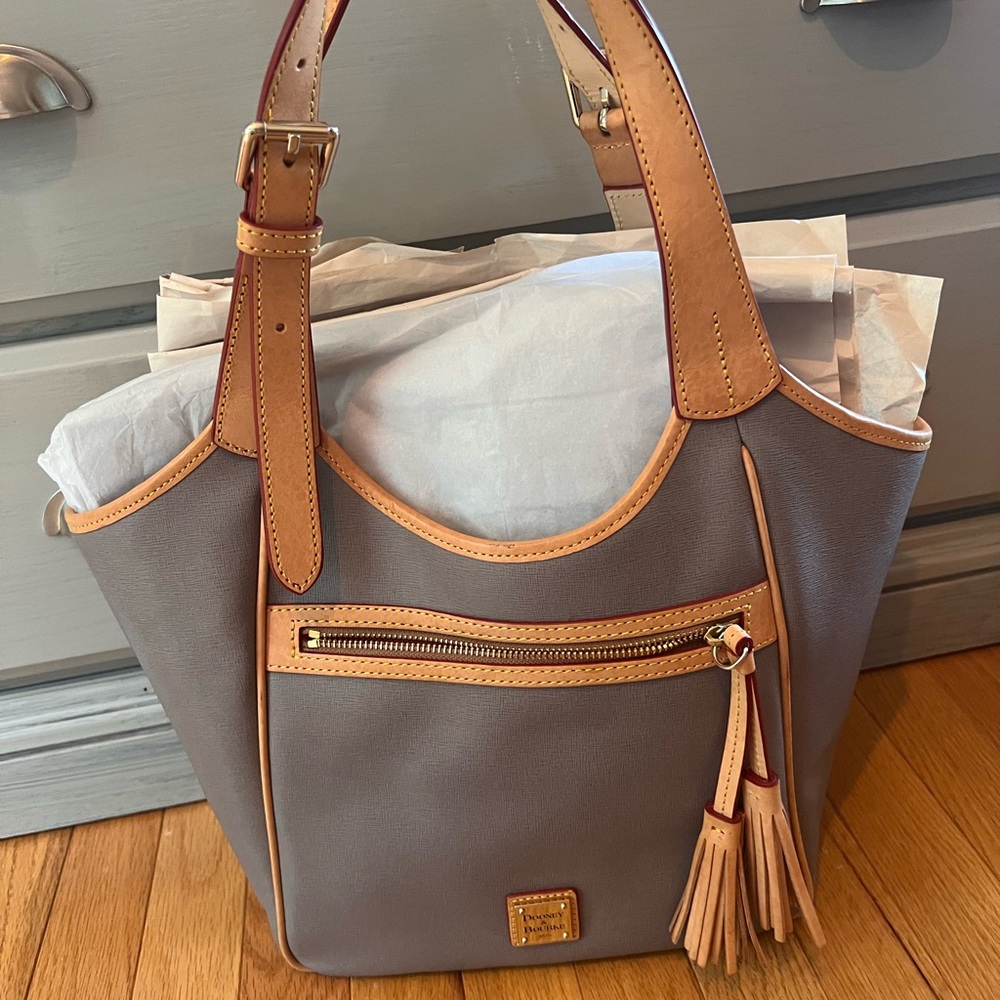 Dooney & Bourke Gray and Tan Tote Bag with Leather Accents